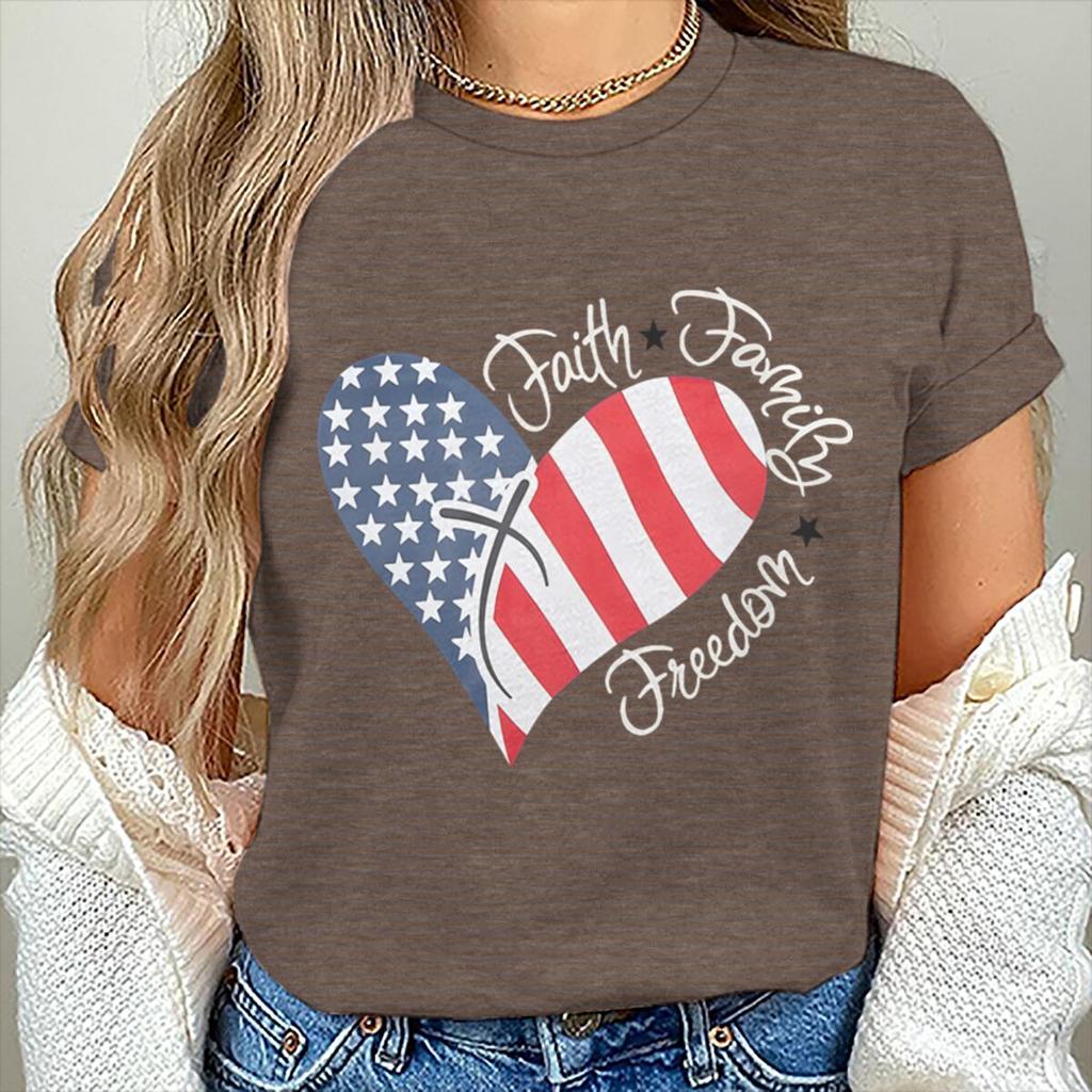 Womens Unisexs Faith Family Freedom T Shirts Fashion Vintage American Flag Heart Graphic Tee Casual Summer Short Sleeve Tops