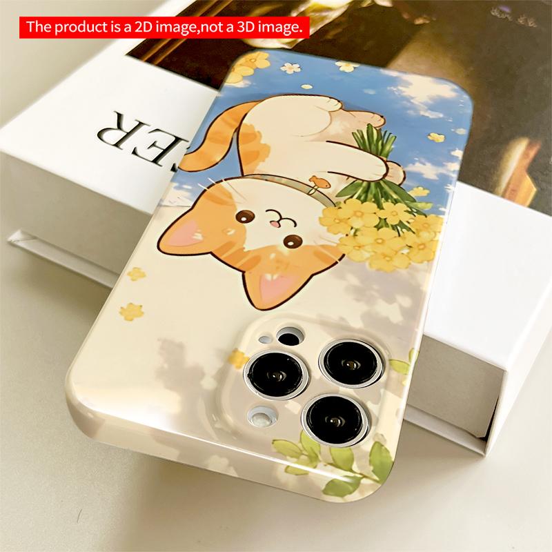 2DFlat Cute Orange Cat Holding Yellow Flowers Phone Case All inclusive film hard iPhone case, compatible with iPhone 18 Pro Max 17 16 15 14 13 12 11