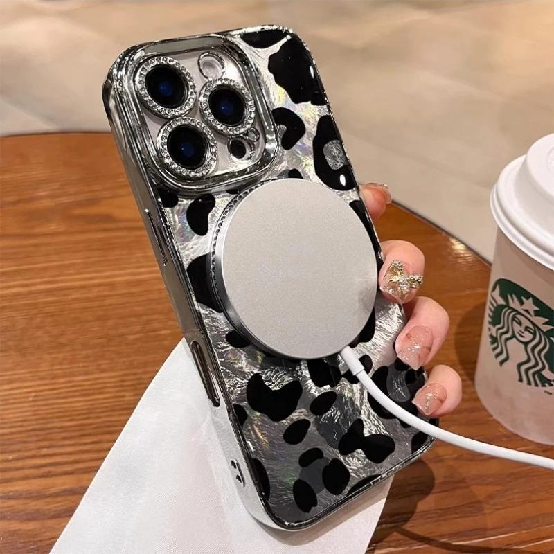 Для iPhone 16 Pro Max Роскошный чехол Magsafe Magnetic Flash Diamond Leopard Print для iPhone 11 12 13 14 15 16 Pro 14 15 16 Plus с защитой объектива