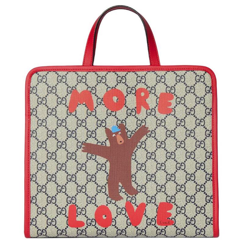 Gucci GG Supreme Bear Print Design Tote Bag Tote Bag Shopping Bag Nylon and Leather Handbag Children's Beige + Blue + Red