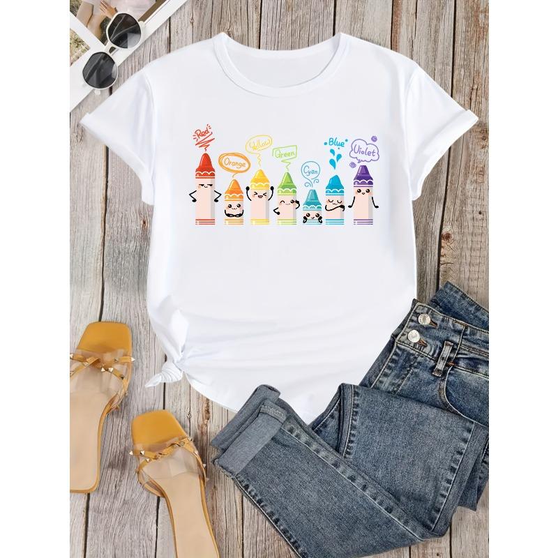 Womens Rainbow Crayon Print Back To School Teacher Casual Tee