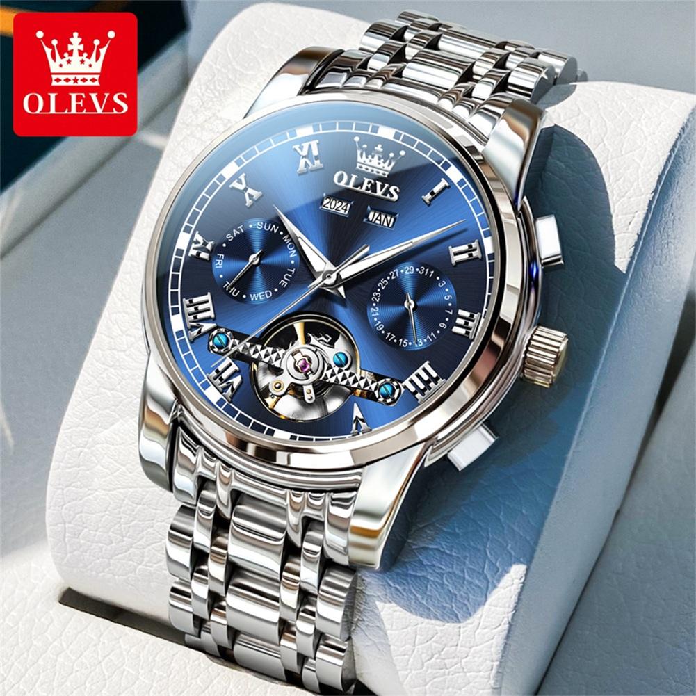 OLEVS 6607 Automatic Men's Watches Top Original Mechanical Watch for Men Luxury Skeleton Flywheel Waterproof Calendar Wristwatch