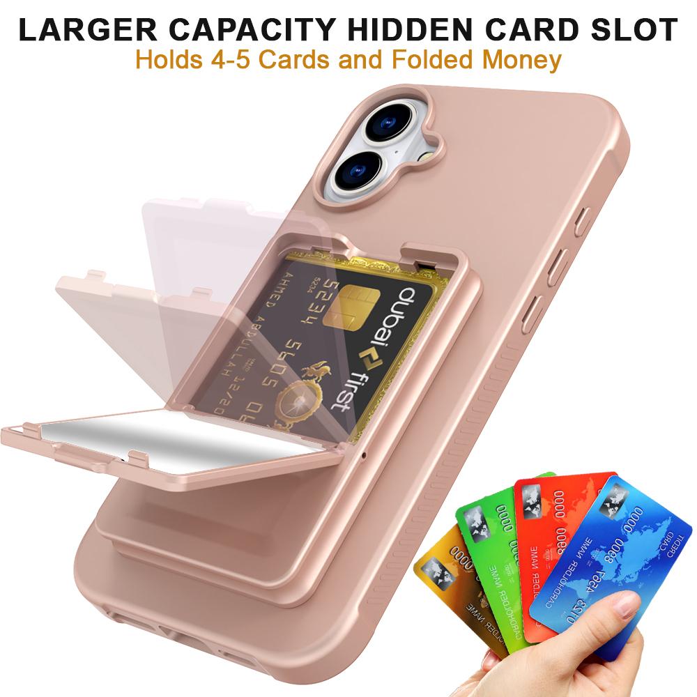 For iPhone 16 Case Skin-Touch Card Holder TPU + PC Phone Cover with Mirror Kickstand