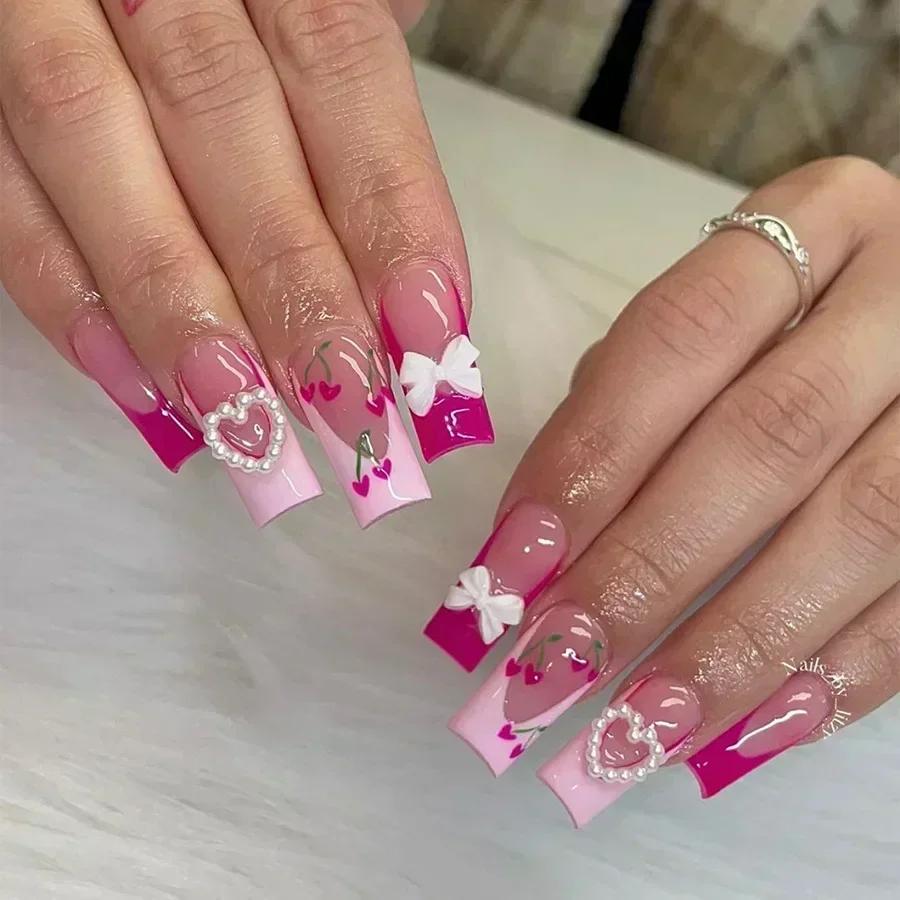 24Pcs French False Nails Pink Zebra Pattern Press on Nails Medium Square Coffin False Nails Y2k Artificial Full Cover Nail Tips