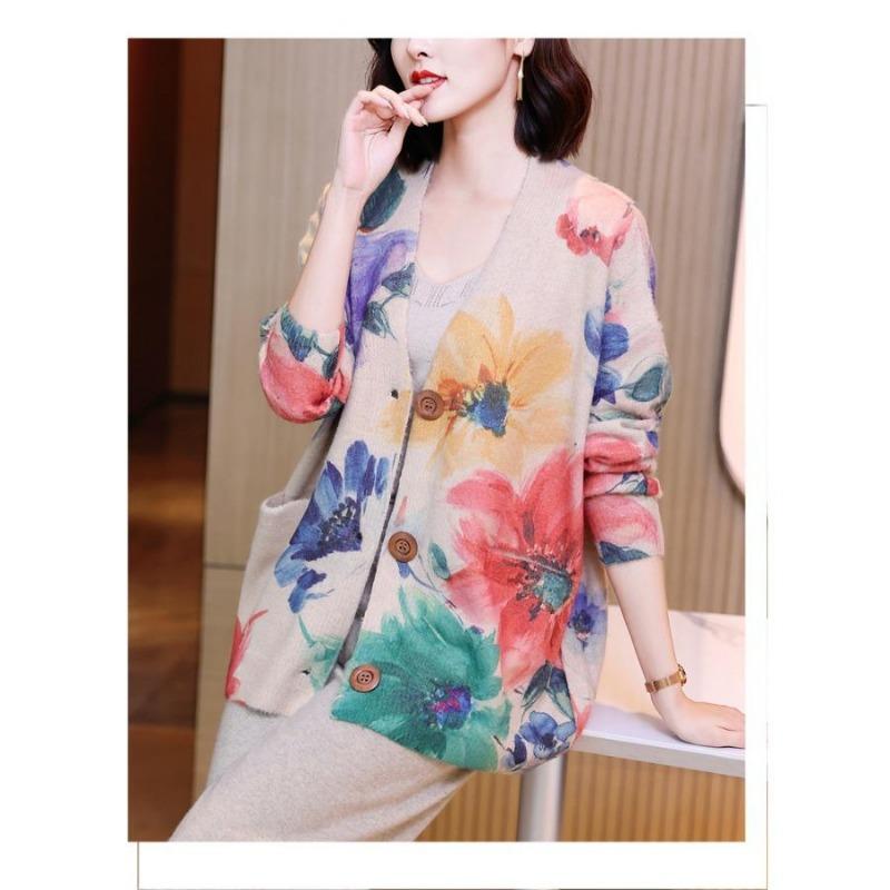 Women's Literary Retro Fall Printing Mink Cardigan Loose Thin Long-sleeved V-neck Knitted Jacket Blouse