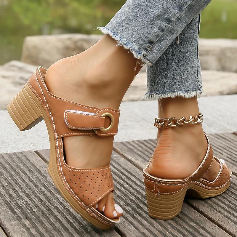 Модные сандалии на толстом высоком каблуке с застежкой-липучкой, женские, с вырезами, летние, пляжные, женские, больших размеров, противоскользящие, на платформе, сандалии для женщин
