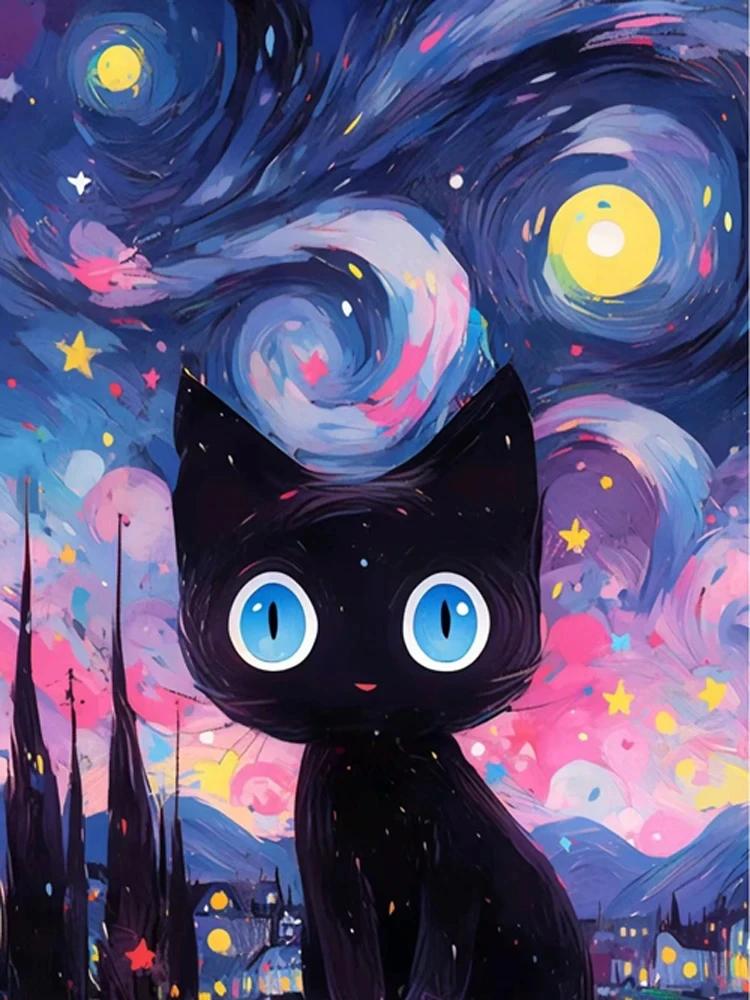 Абстрактное Звездное Небо и Черный Кот Постеры и Принт Холст Живопись Настенное Искусство Картины Для Гостиной Дома Фреска Украшение Подарок