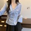 Blue Striped Shirt French V-neck Cinched Waist Design Women's Shirt Spring Autumn Commuting Style Ladies Long Sleeved Top