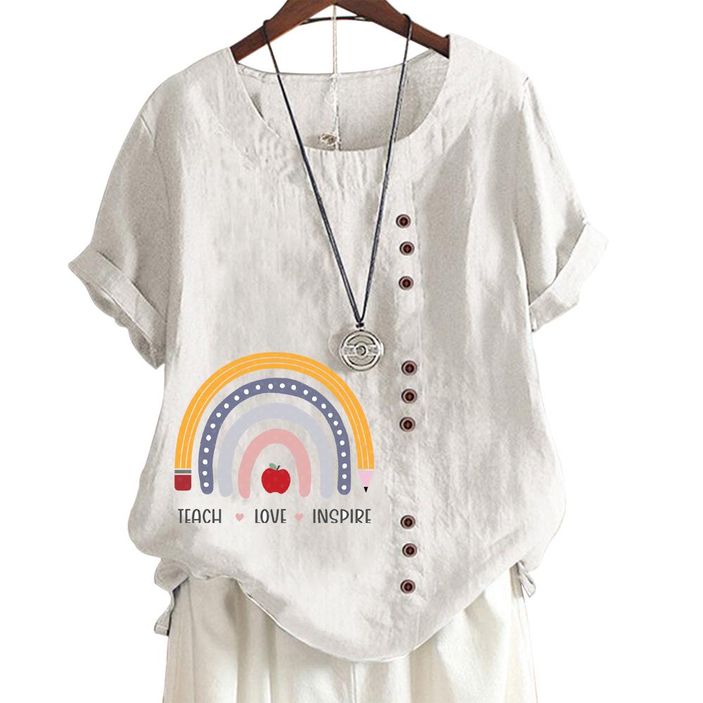 Женская хлопково-льняная повседневная футболка с милым животным принтом, круглым вырезом и короткими рукавами, украшение на пуговицах, S-5XL