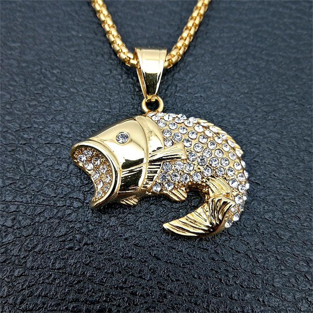 Hip Hop Ice Out Bling Fish Pendant Gold Color Stainless Steel Ocean Animal Necklace For Woman/Men Cute Fashion Jewelry Gift