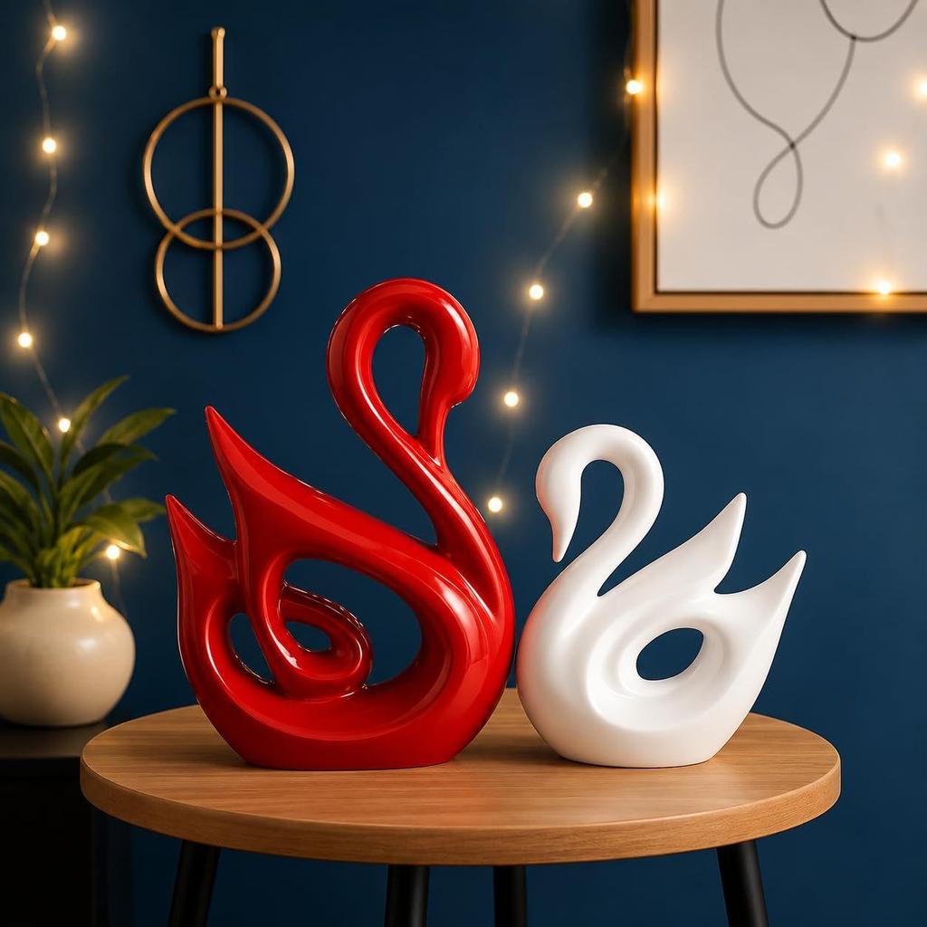 Lucky Swan Couple Piano Finish Ceramic Figures for Home Decor (Set of 2 Pc, Large, White & Red)
