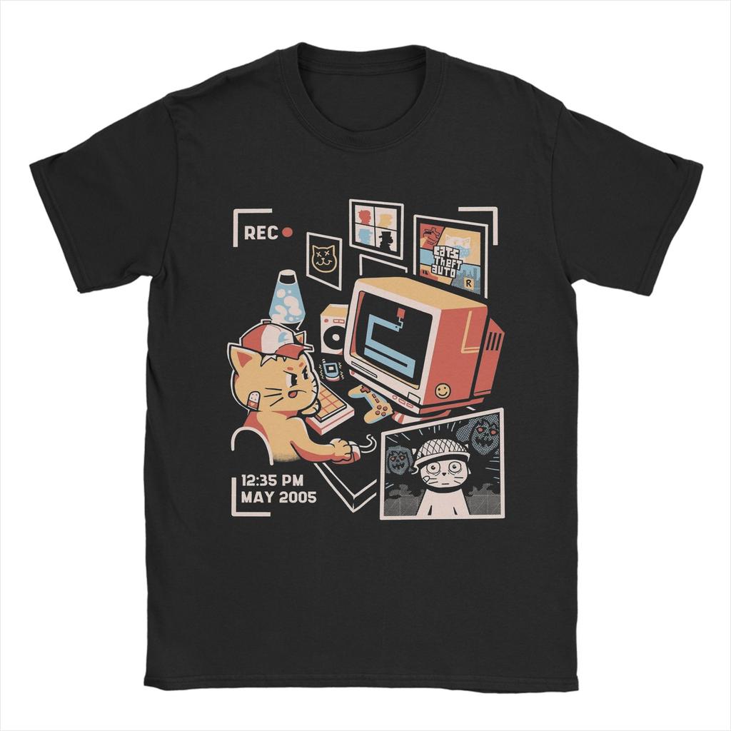 Cat Playing Computer Games T Shirt Men's 100% Cotton Funny T-Shirts Crew Neck Tees Short Sleeve Clothing Plus Size
