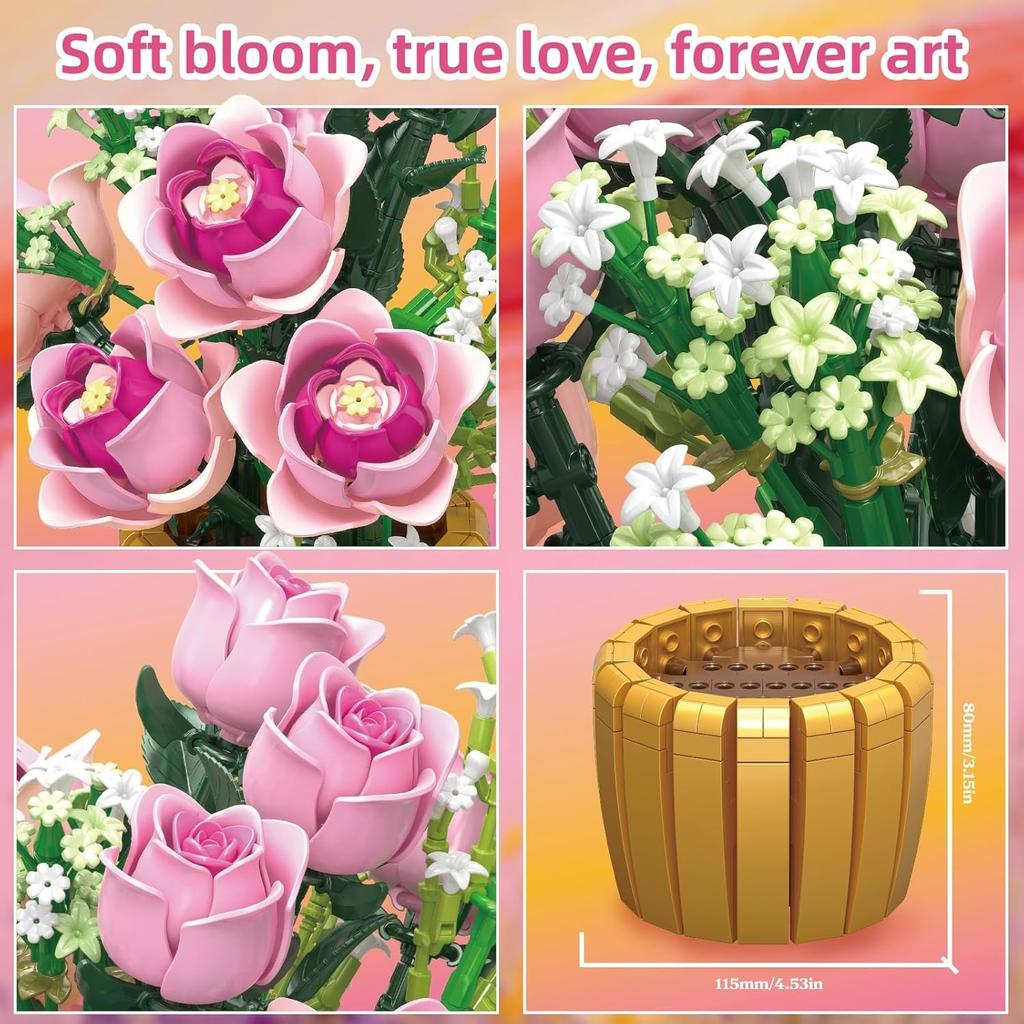 Flowers Pink Rose Bouquet Building Set for Adults – 1056PCS Botanical Artificial Flower Blocks Kit with Roses & Baby’s Breath, Home Decor DIY Gift
