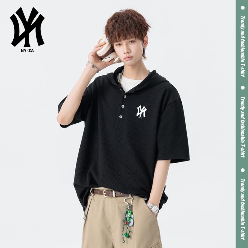 Street style hooded short sleeved T-shirt, summer loose trendy brand hooded half sleeved shirt