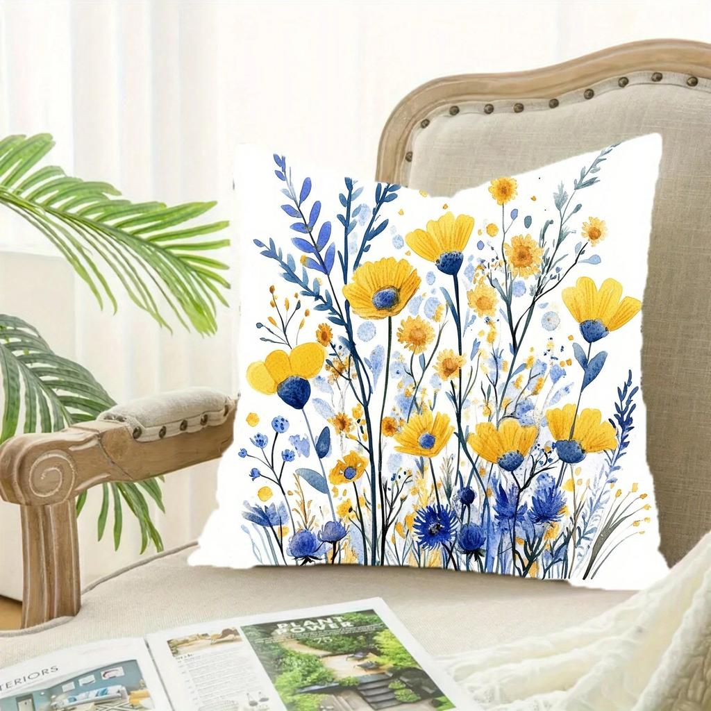 Blue Yellow Wildflower Pillow Cover Watercolor Floral Print Boho Botanical Cushion Case For Sofa Bed Couch Spring Home Decor