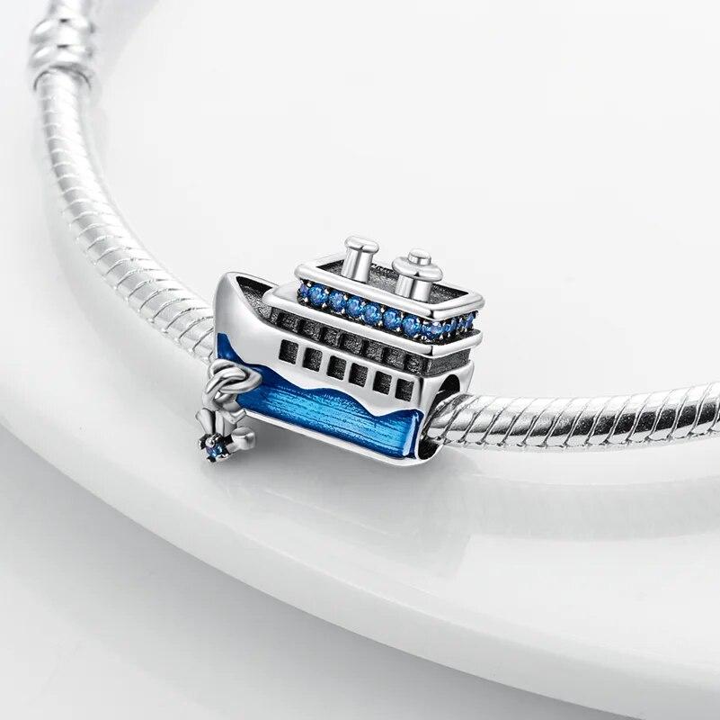 925 Silver Steamboat Anchor Sparkling Blue Cz Yacht Beads Fitfashionbracelet Diy Authentic Silver Color Cruise Ship Charms