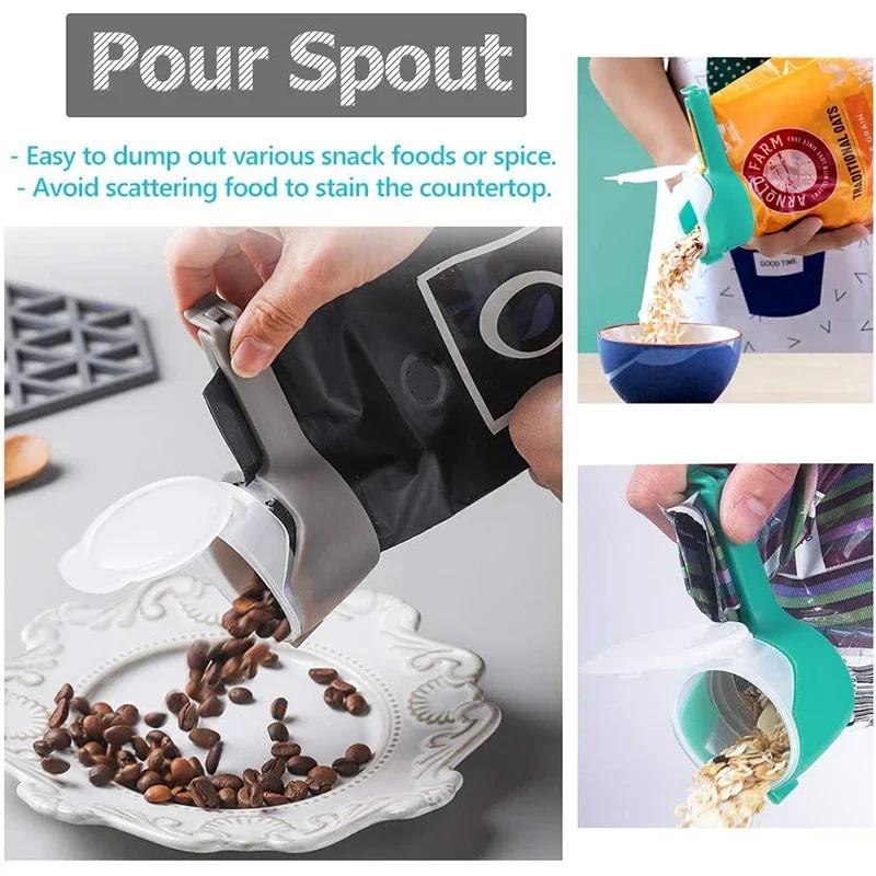 5PCS Food Storage Bag Sealing Clips Sealer Clip With Pour Spouts Plastic Cap Snack Candy Storage Fresh Clamp Kitchen Organizer