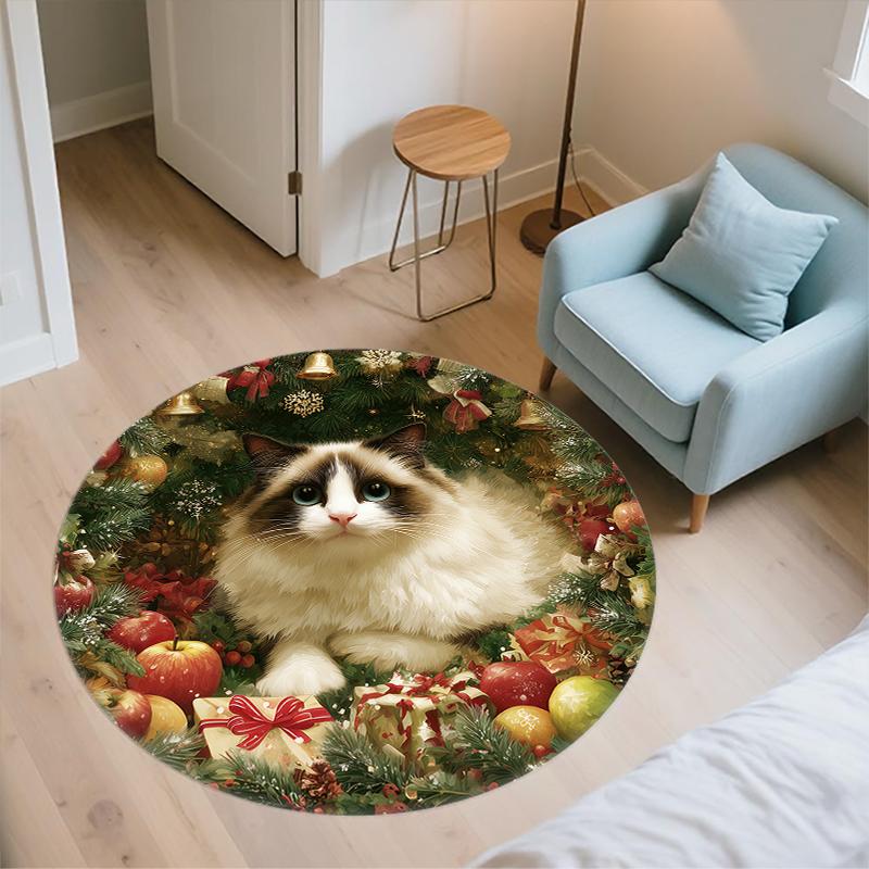 Christmas Ragdoll cat pattern round rug,Carpet Rug for Living Room Bedroom  Playroom ,Non-slip Floor Mat,Holiday Gifts and Birthday Gifts.