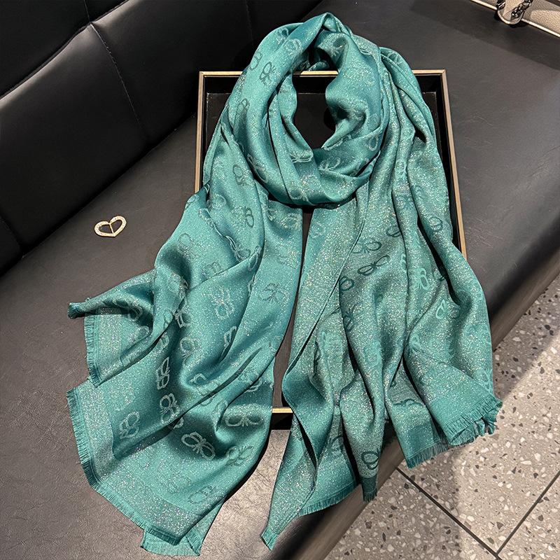 New Imitation Silk Fashionable Elegant High-end Long Silk Scarf Short Beard Shawl Long Scarf Tensile Cotton Gold Silk Scarf