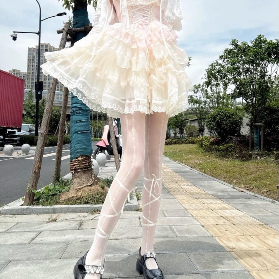 Sweet Lolita Milk White Pantyhose Lace Jacquard Ballet Style Black Stockings Women'S Thin Bottom Socks Anti-Hook Silk