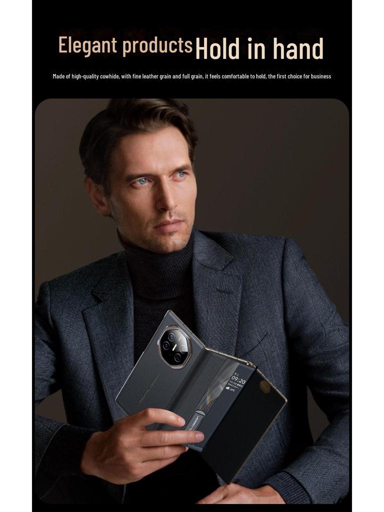 Кожаный чехол Huawei MateXT: Тройной чехол из натуральной коровьей кожи наппа с перфорацией, умным окном и кронштейном.