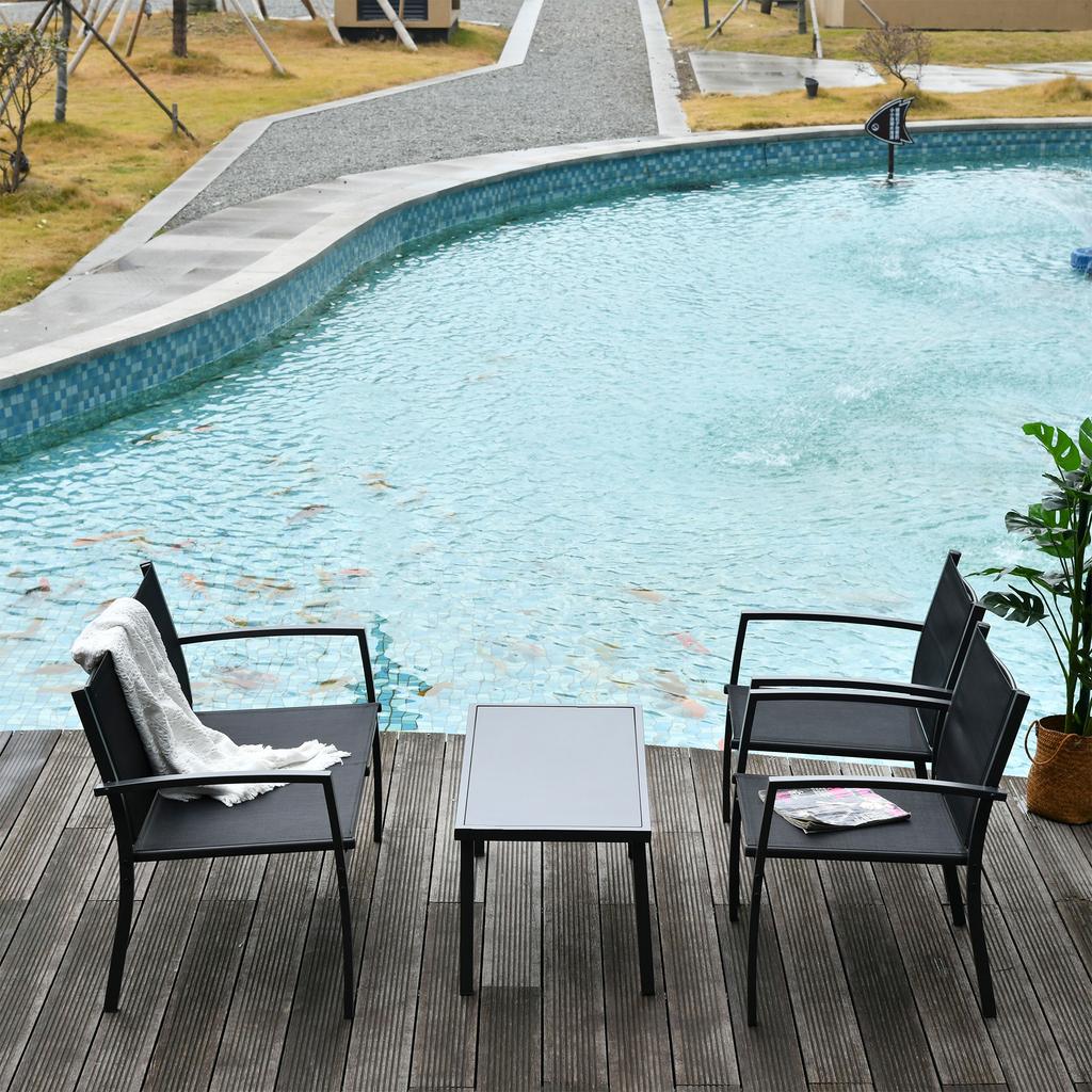 Outdoor Lounge Set. 4-Piece with 1 Coffee Table, 2 Garden Chairs, and 1 Metal Bench. Black