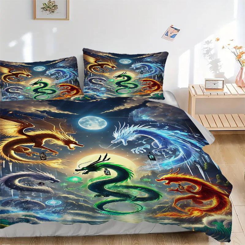 3pcs Mythical Dragons Duvet Cover Set - Machine Washable, Includes 1 Cover and 2 Pillowcases, No Core Included yy251013065