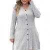 Womens Plus Size A-Line Knit Dress With Button Detail Deep V-Neck Striped Midi Skirt Casual Streetwear