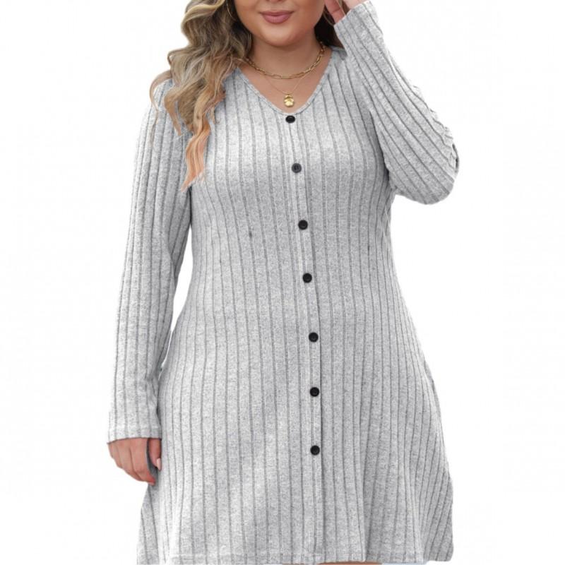 Womens Plus Size A-Line Knit Dress With Button Detail Deep V-Neck Striped Midi Skirt Casual Streetwear