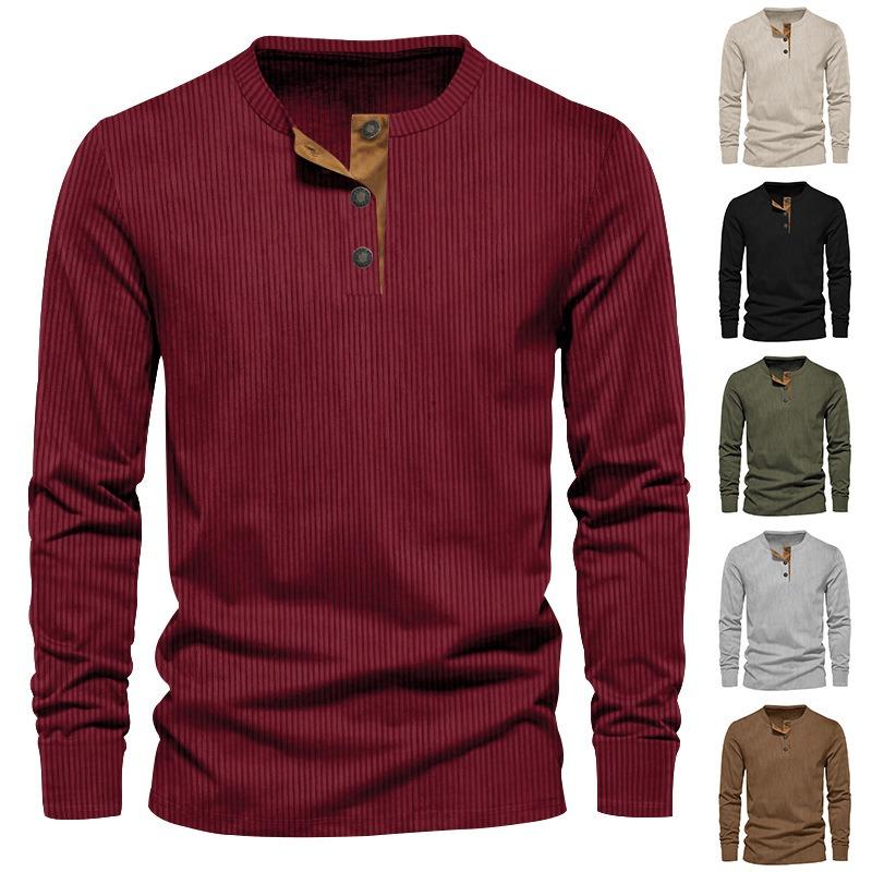 Men Solid Color Slim Fit Casual Corduroy Long Sleeve T Shirt