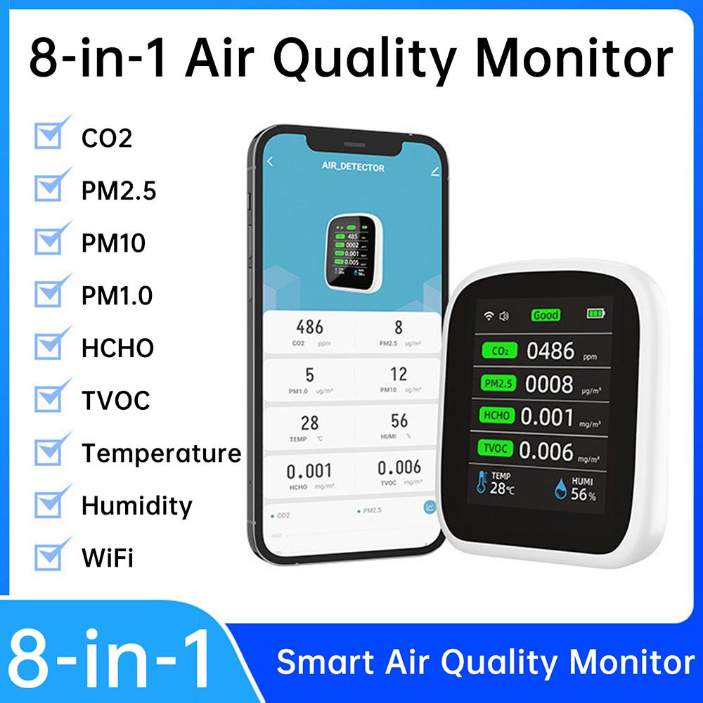 Профессиональный 8-в-1 WIFI Монитор Качества Воздуха CO2 HCHO TVOC PM1.0 PM2.5 PM10 Тестер Температуры Влажности Углекислого Газа Многофункциональный Детектор