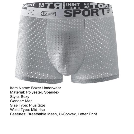 Men Boxer Briefs Mid-rise Elastic Waistband Shorts Underwear Solid Color Letter Print Breathable Mesh U-Convex Panties
