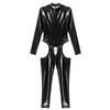 Womens One Piece Long Sleeve Crotchless Jumpsuit Wet Look Patent Leather Zipper Bodysuit Catsuit