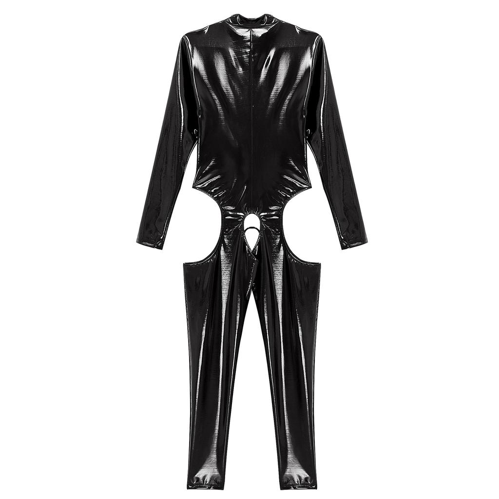 Womens One Piece Long Sleeve Crotchless Jumpsuit Wet Look Patent Leather Zipper Bodysuit Catsuit