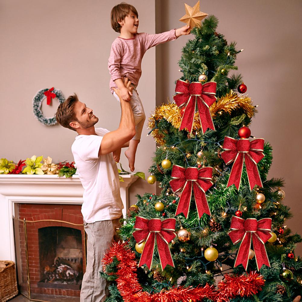 5Pcs Christmas Large Bowknot Decor Glitter Ribbon Bow Wreath Ornament for Christmas Tree Presents Decor