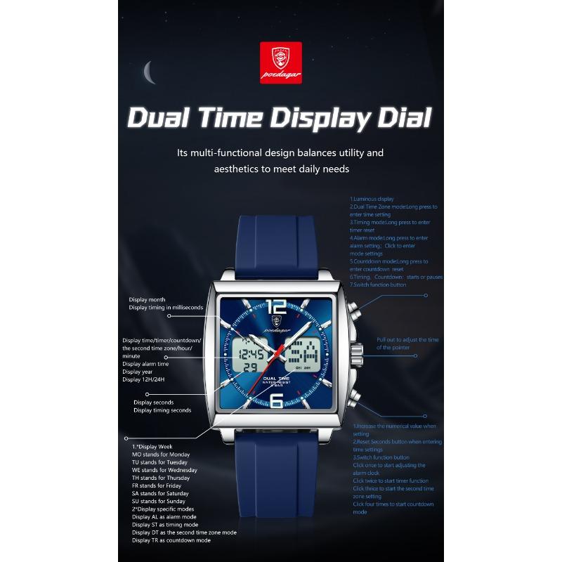 POEDAGAR Luxury Top Man Watch Electronic Square LED Alarm Chronograph Watches Week Date Dual Time Display Quartz Clock