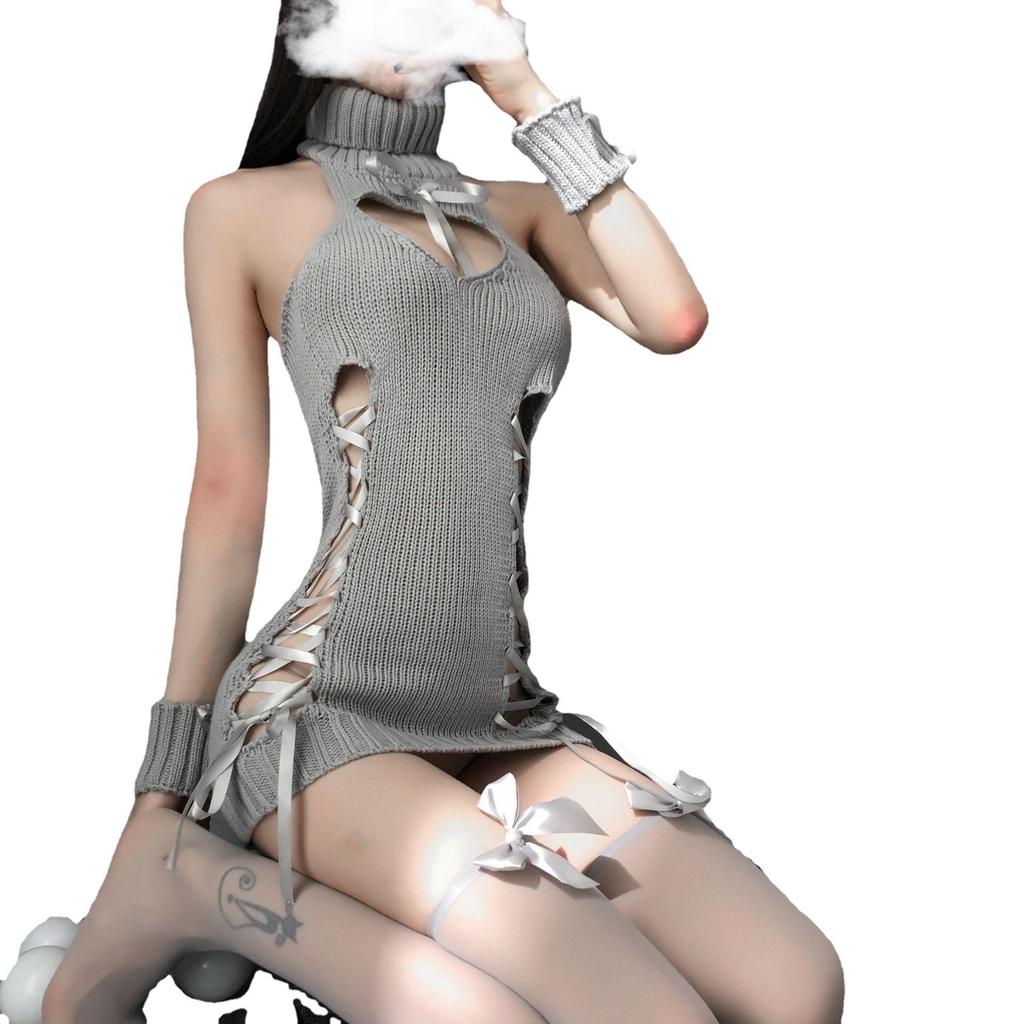 Сексуальный свитер чистого желания с открытой спиной, эротическая пижама с глубоким V-вырезом, соблазнительный цельный комплект, чистый милый набор