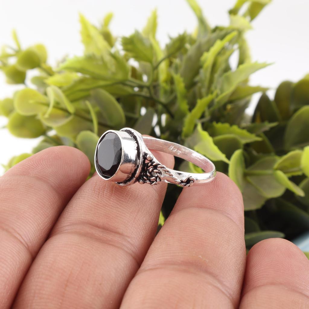 Dainty Black Onyx 925 Solid Sterling Silver Ring , Handmade Balancing Gemstone Jewelry Ring For Memorial Day