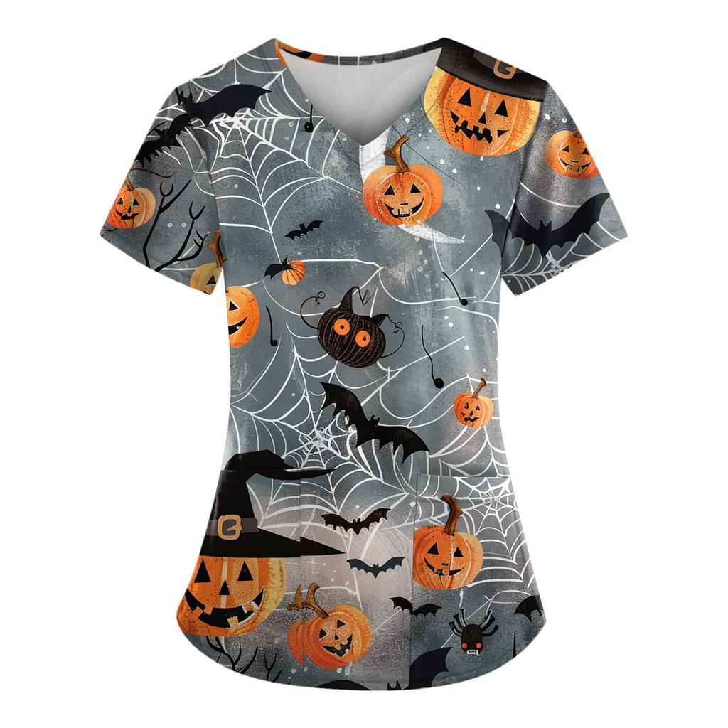 Женский V-образный вырез, модный повседневный топ с принтом на Хэллоуин, топ Dry-nurse