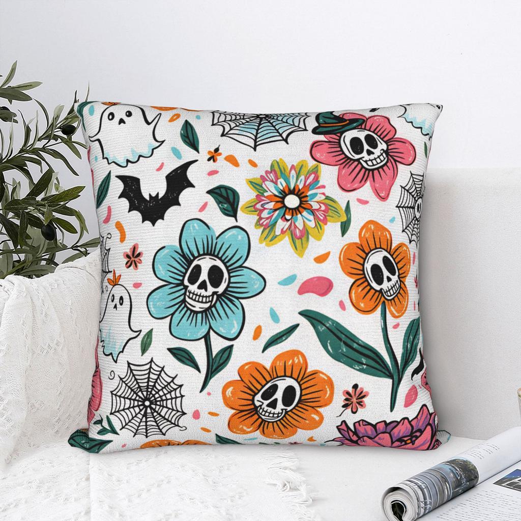 Halloween Skeleton Flower Pillow Cover Comfy Cushion Cover Retro Trendy Pillow Case For Living Room Chair