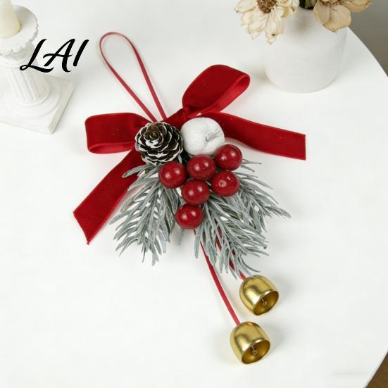 Christmas Tree Hanging Ornaments Bell Ornament Metal Jingle Decoration with Pine Cones Handmade Holiday Wreath Decor Berries Velvet Bow for
