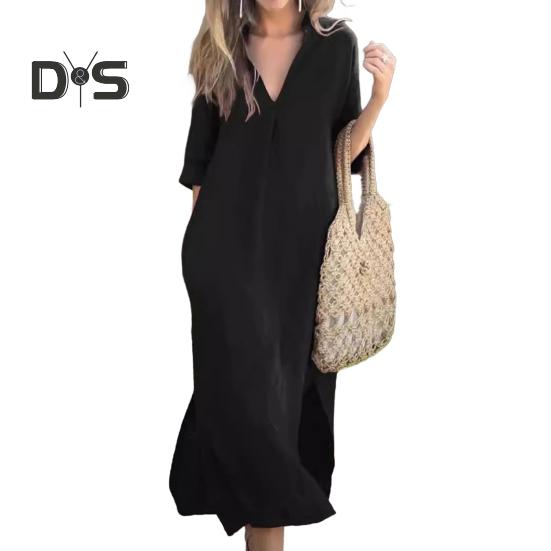 Summer Dress Three-quarter Sleeves Side Slit Loose V Neck Midi Dress with Pockets Solid Color Pleated Pullover Calf Length Casual Dress