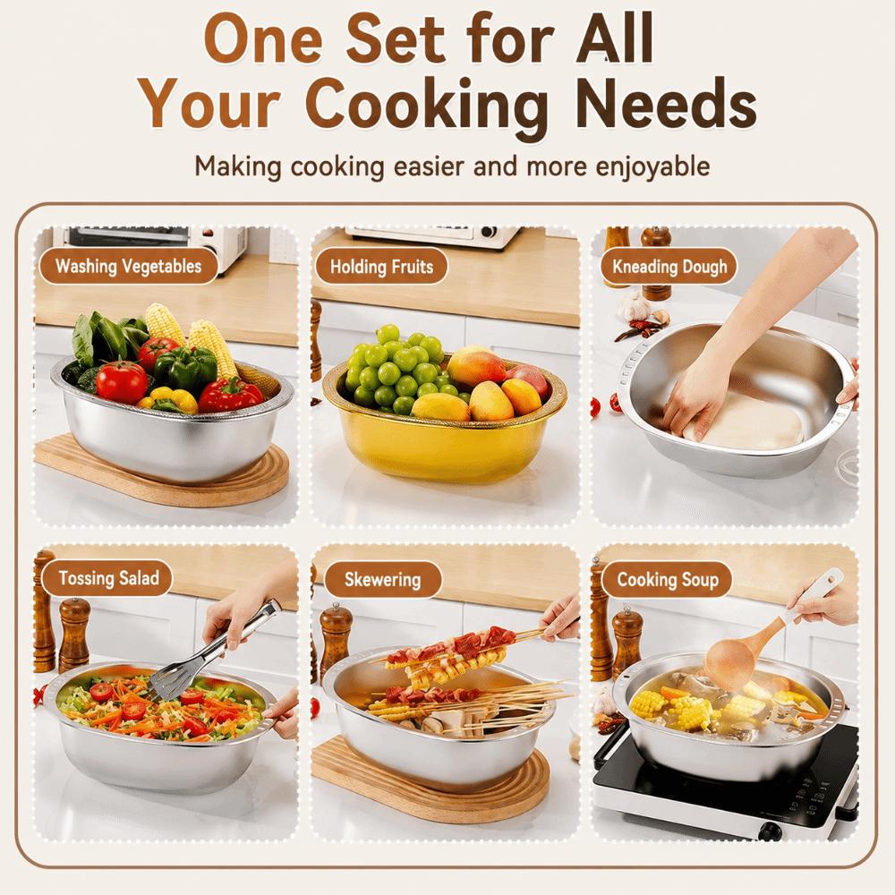 201 Stainless Steel Rice Washing Basin 2 in 1 Mixing Bowl New Vegetable Washing Basin  Kitchen Use