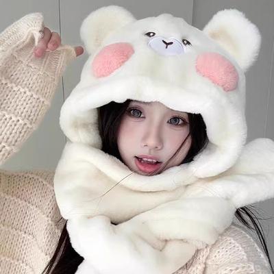 Новая плюшевая шапка-медведь с румянами для женщин Зимой Теплая шапка Лей Фэна Шарф Перчатки Цельный комплект