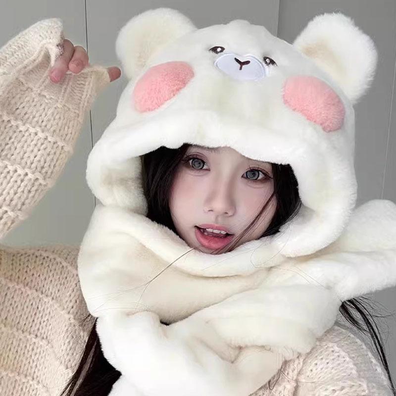 New Blush Bear Plush Hat for Women In Winter Warmth Lei Feng Hat Scarf Gloves One Piece Set