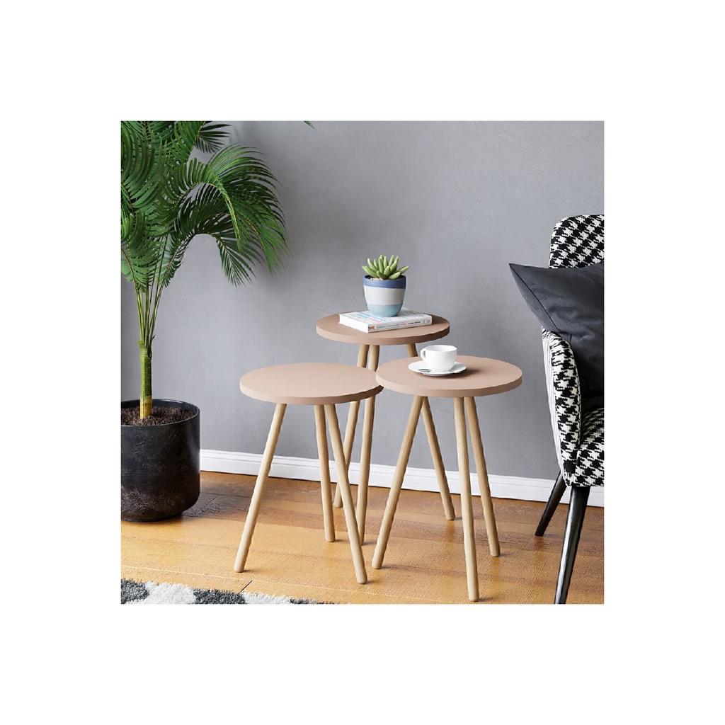 Красочный тройной журнальный столик с деревянными ножками, круглый пастельный дизайн, кремовый