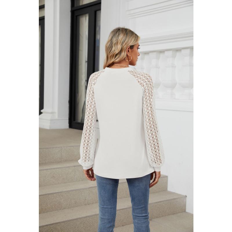 Осенняя женская блузка с кружевом и круглым вырезом, длинный рукав, свободный топ