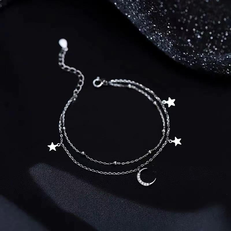 Popular 925 Sterling Silver Star Moon Bracelet Geometric Double Layer Bracelet Party Gift Fashion Women Jewelry