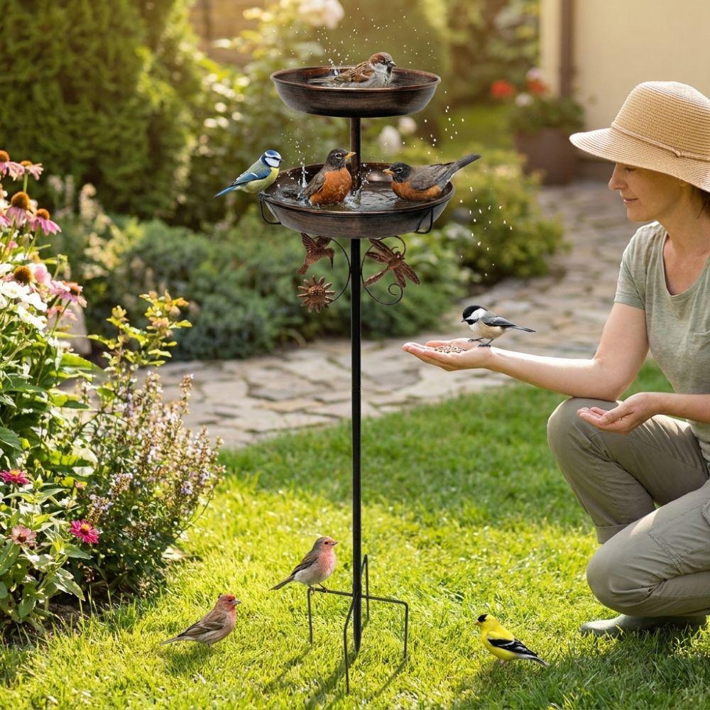 Sturdy Iron Bird Bath Feeder Double Layer Bird Water Drinker Bird Feeding Station Outdoor Garden