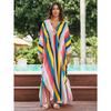 Plus Size Boho Cover Up, Women's Colorful Striped Print Braided Chinese Knot V Neck Maxi Side Split Beach Kaftan Dress